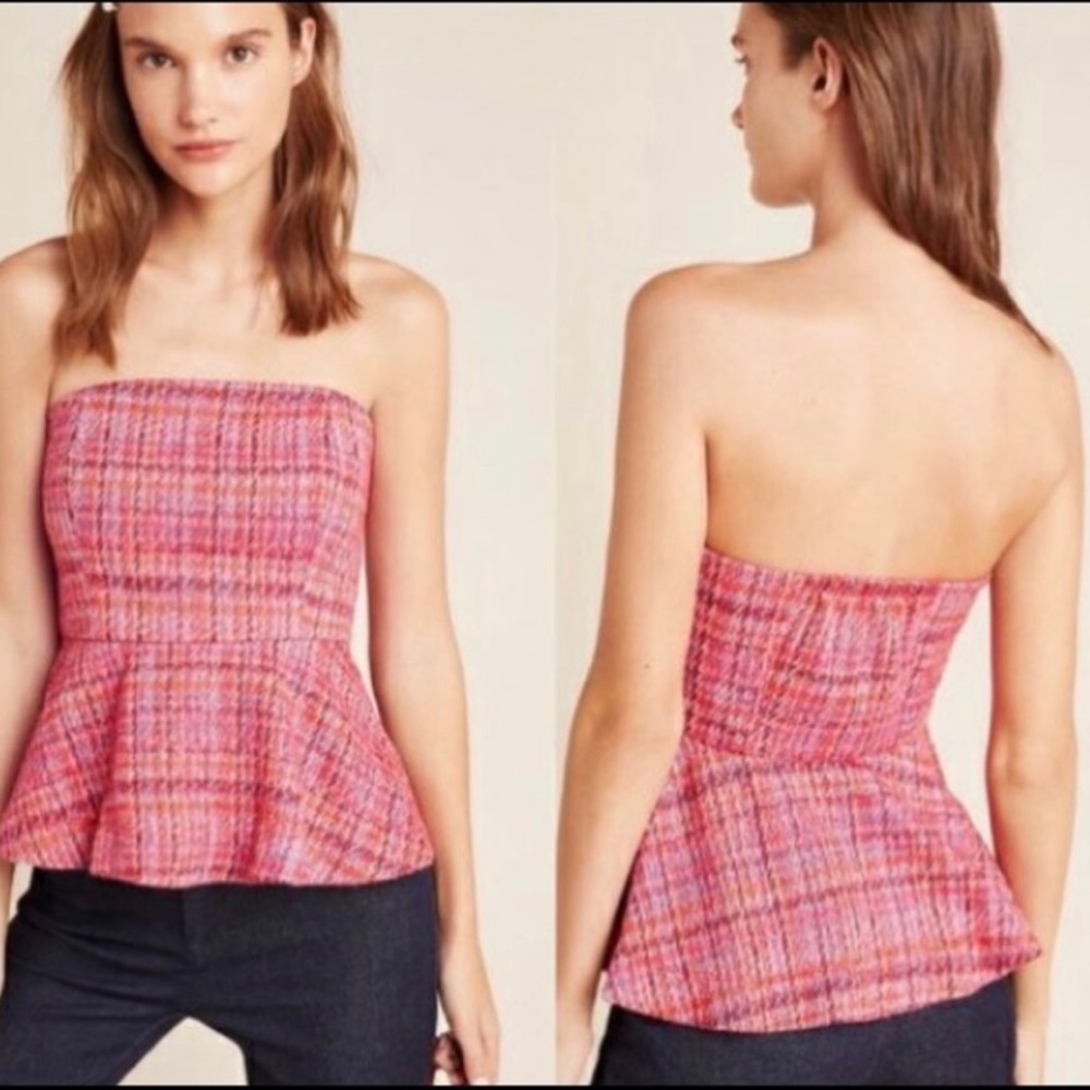 Anthropologie Maeve Pink Combo Shannon Peplum Strapless Top Medium NWT